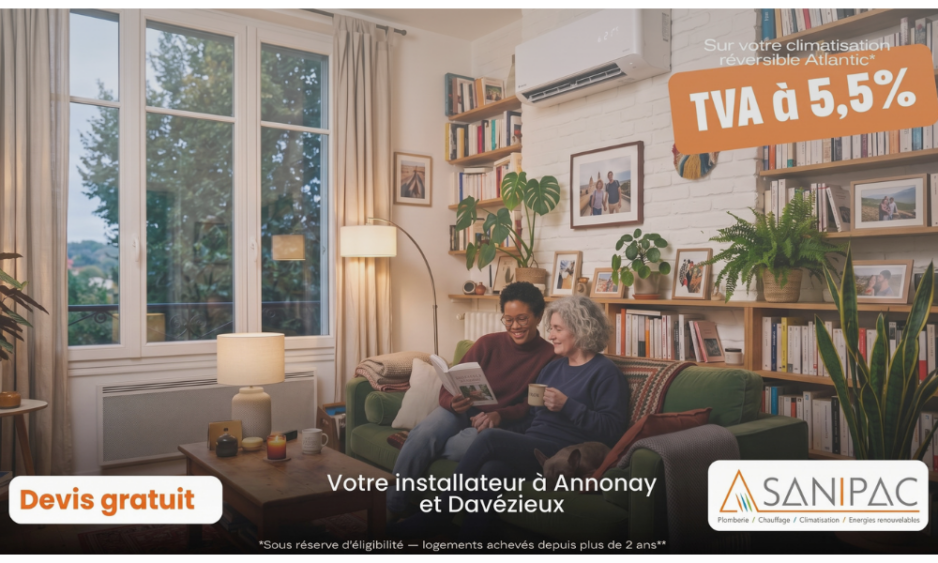Installation d'une climatisation réversible éligible à la TVA 5,5 % par un technicien de Sanipac à Annonay.